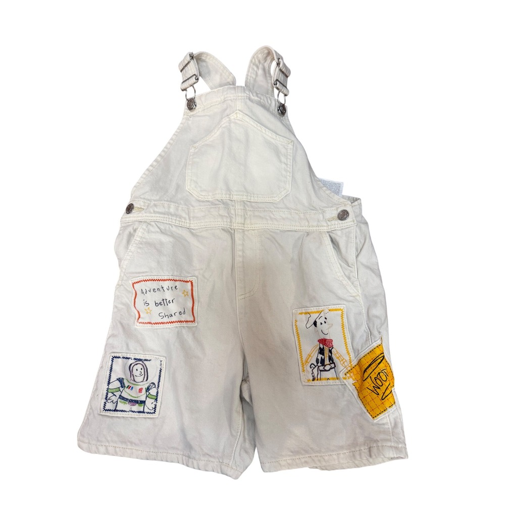 Zara Kids Disney Toy Story Denim Shortalls Off White Woody Buzz 4T Overalls